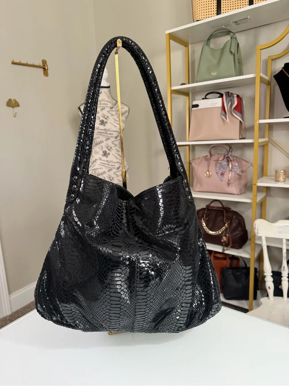 Perlina Black Snakeskin embossed patent leather Bow Shoulder Bag